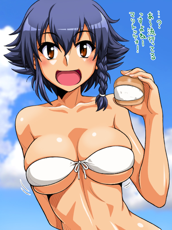 1girl bikini blue_hair blush bouncing_breasts braid breasts brown_eyes cleavage collarbone eyebrows_visible_through_hair girls_und_panzer large_breasts looking_at_viewer oosaka_kanagawa open_mouth outdoors pepperoni_(girls_und_panzer) shiny shiny_hair shiny_skin short_hair sky smile solo swimsuit translation_request upper_body white_bikini