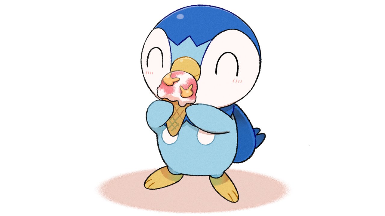 blush closed_eyes closed_mouth commentary_request creature food gen_4_pokemon happy holding ice_cream ice_cream_cone no_humans official_art piplup pokemon pokemon_(creature) prj_pochama smile solo standing starter_pokemon toes white_background