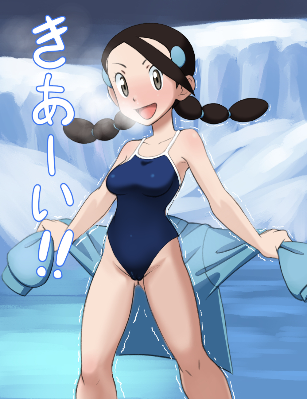 1girl :d alternate_costume bare_arms black_hair blue_swimsuit blush breasts breath brown_eyes candice_(pokemon) cold collarbone commentary_request gym_leader hair_ornament hairclip highres holding knees legs_apart long_hair looking_at_viewer miraa_(chikurin) multi-tied_hair one-piece_swimsuit open_mouth outdoors pokemon pokemon_(game) pokemon_dppt smile snow solo standing sweater sweater_removed swimsuit tongue trembling twintails