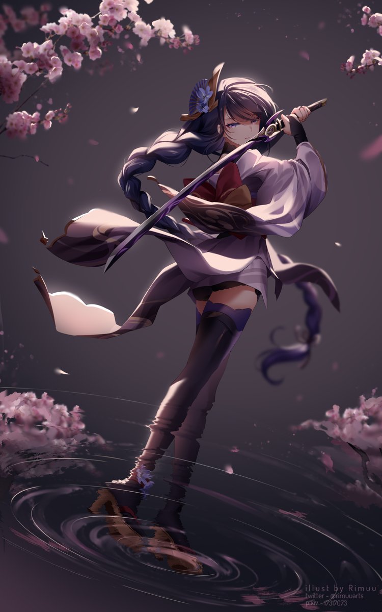 1girl artist_name bangs boots cherry_blossoms floating_hair from_behind full_body genshin_impact hair_ornament hands_together hands_up highres holding holding_sword holding_weapon japanese_clothes long_braid long_hair looking_at_viewer looking_back petals pixiv_id purple_eyes purple_hair raiden_(genshin_impact) rimuu sash solo sword thigh_boots thighhighs twitter_username very_long_hair walking walking_on_liquid water weapon