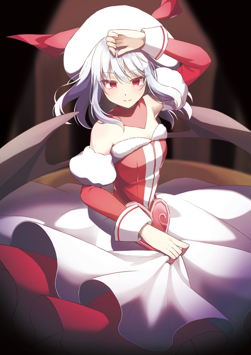 1girl arm_up bangs bare_shoulders beni_kurage closed_mouth detached_sleeves dress eyebrows_visible_through_hair hair_between_eyes hand_up hat hat_ribbon heart light long_sleeves looking_at_viewer red_dress red_eyes red_ribbon red_sleeves remilia_scarlet ribbon shadow short_hair smile solo touhou white_dress white_hair white_headwear wings