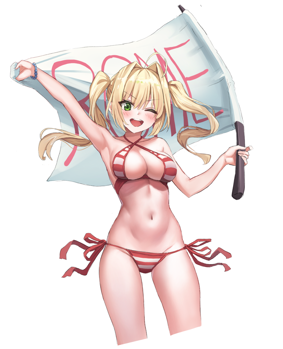 1girl ahoge arm_up bangs bead_bracelet beads bikini blonde_hair blush bracelet breasts chirang cropped_legs eyebrows_visible_through_hair fate/grand_order fate_(series) flag floating_hair green_eyes halterneck holding holding_flag jewelry large_breasts navel nero_claudius_(fate)_(all) nero_claudius_(swimsuit_caster)_(fate) one_eye_closed open_mouth side-tie_bikini simple_background solo swimsuit twintails upper_body v-shaped_eyebrows white_background