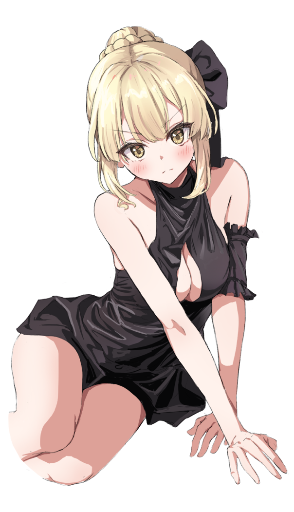 1girl arm_strap arm_support artoria_pendragon_(all) artoria_pendragon_(alter_swimsuit_rider)_(fate) bangs bare_shoulders black_ribbon blonde_hair blush braid breasts chirang cleavage cleavage_cutout clothing_cutout cropped_legs fate/grand_order fate_(series) frills frown hair_bun hair_ribbon looking_at_viewer medium_breasts one-piece_swimsuit ribbon saber_alter sidelocks simple_background sitting solo swimsuit v-shaped_eyebrows white_background