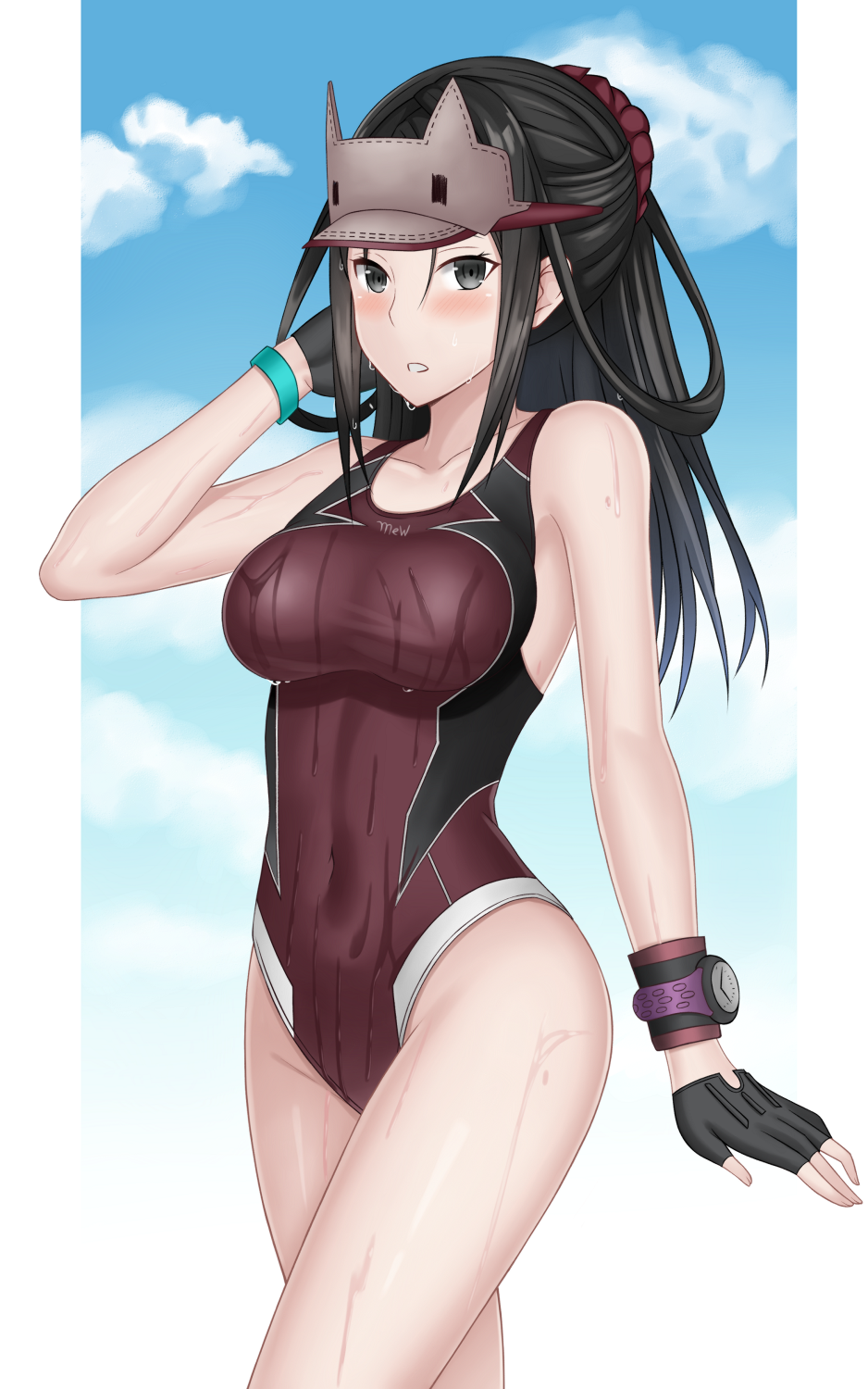 1girl black_hair blush breasts covered_navel fingerless_gloves full_body gloves hat highres kai_schren long_hair looking_at_viewer ponytail senjou_no_valkyria_(series) senjou_no_valkyria_4 solo swimsuit vodka13