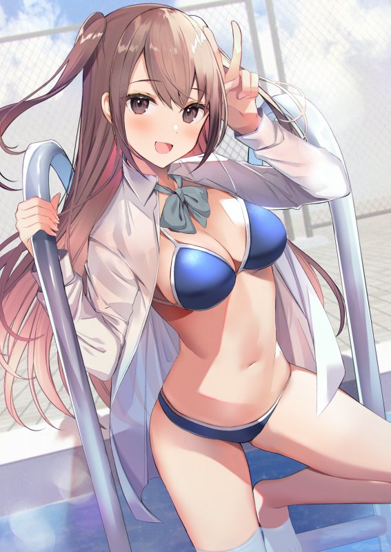 1girl :d arm_up banned_artist bikini blue_bikini bow bowtie breasts brown_eyes brown_hair cleavage collared_shirt long_hair long_sleeves looking_at_viewer medium_breasts navel no_pants open_clothes open_mouth open_shirt original pool_ladder shirt sidelocks smile solo stomach string_bikini swimsuit tetsubuta thighs two_side_up v water white_shirt