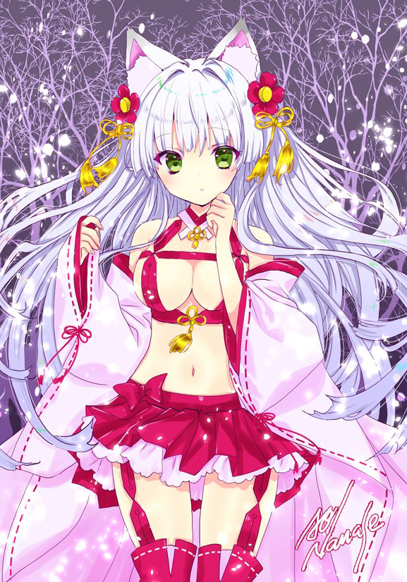 1girl animal_ear_fluff animal_ears artist_name bangs bare_shoulders blush breasts commentary_request detached_sleeves eyebrows_visible_through_hair flower fox_ears green_eyes hair_flower hair_ornament japanese_clothes kimono long_hair long_sleeves medium_breasts miko nanase_aoi navel original pink_kimono pink_legwear pink_skirt sidelocks signature silver_hair skirt sleeves_past_wrists stomach wide_sleeves