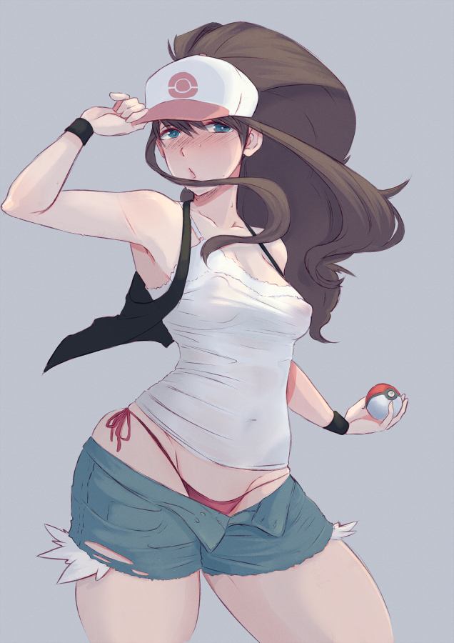 1girl arm_up armpits bare_arms bare_shoulders baseball_cap black_vest blue_eyes blush breasts brown_hair camisole collarbone covered_nipples cutoffs denim denim_shorts exposed_pocket floating_hair grey_background halterneck hand_on_headwear hat high_ponytail hilda_(pokemon) holding holding_poke_ball long_hair looking_at_viewer nose_blush open_clothes open_fly open_shorts open_vest parted_lips poke_ball poke_ball_(basic) pokemon pokemon_(game) pokemon_bw ryumi-gin short_shorts shorts side-tie_bottom sidelocks simple_background skindentation small_breasts solo unbuttoned vest wind wristband