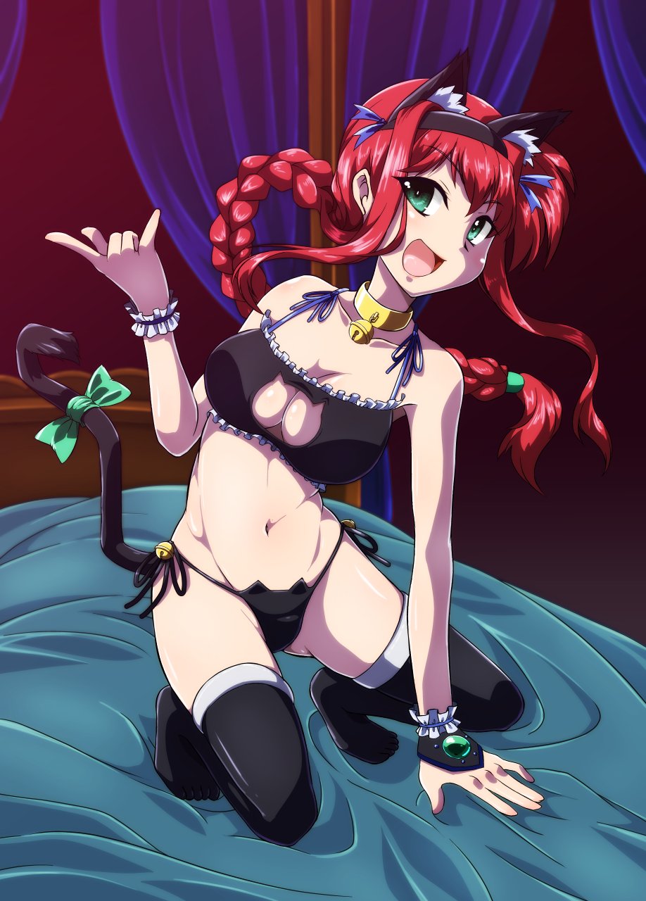 1girl :d \m/ amitie_florian animal_ears bangs bed bell black_bra black_legwear black_panties bra braid breasts cat_cutout cat_ear_panties cat_ears cat_lingerie cat_tail cleavage clothing_cutout collaboration commentary fake_animal_ears fake_tail four-poster_bed frilled_bra frilled_cuffs frills gloves green_eyes hair_tie hakkai half_gloves highres indoors kneeling leaning_forward long_hair looking_at_viewer low_twintails lying lyrical_nanoha mahou_shoujo_lyrical_nanoha mahou_shoujo_lyrical_nanoha_a's mahou_shoujo_lyrical_nanoha_a's_portable:_the_gears_of_destiny medium_hair meme_attire navel neck_bell on_back open_mouth panties red_hair san-pon side-tie_panties sidelocks single_half_glove smile solo sumino_mikan tail tappa_(esperanza) thighhighs twin_braids twintails underwear