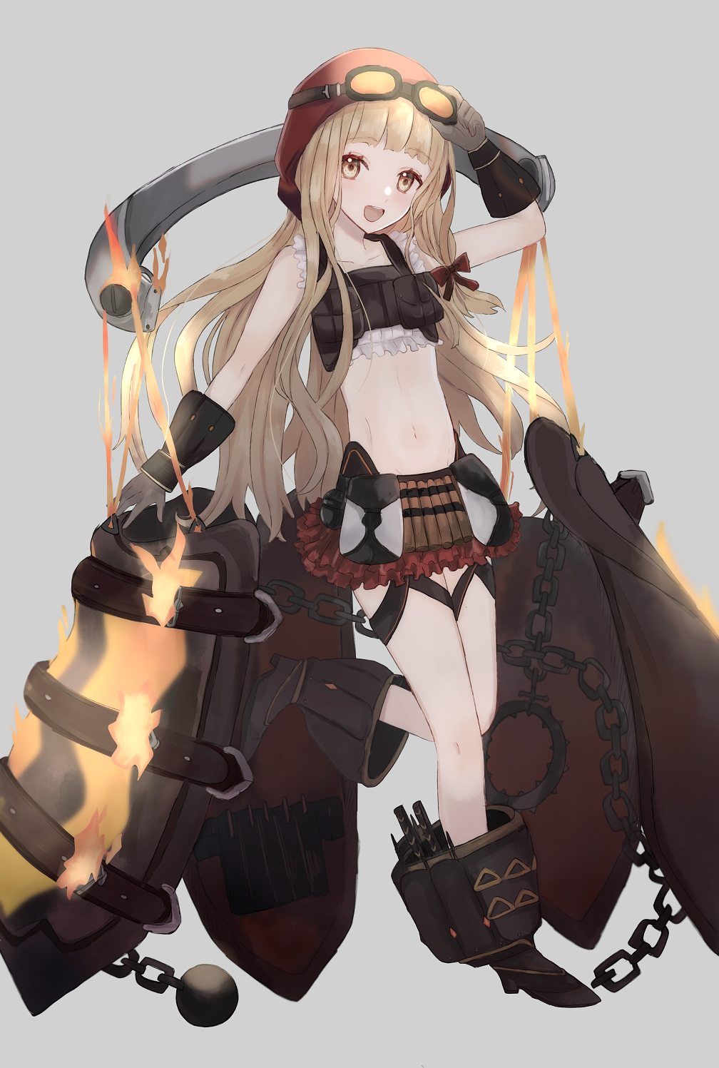 1girl :d akitama2727 bandana bangs black_footwear black_gloves blonde_hair boots chain eyewear_on_head fire frilled_shirt frilled_skirt frills full_body gloves goggles grey_background hair_between_eyes highres holding holding_goggles little_red_riding_hood_(sinoalice) long_sleeves looking_at_viewer navel open_mouth red_hair shirt simple_background sinoalice skirt sleeveless smile solo yellow_eyes