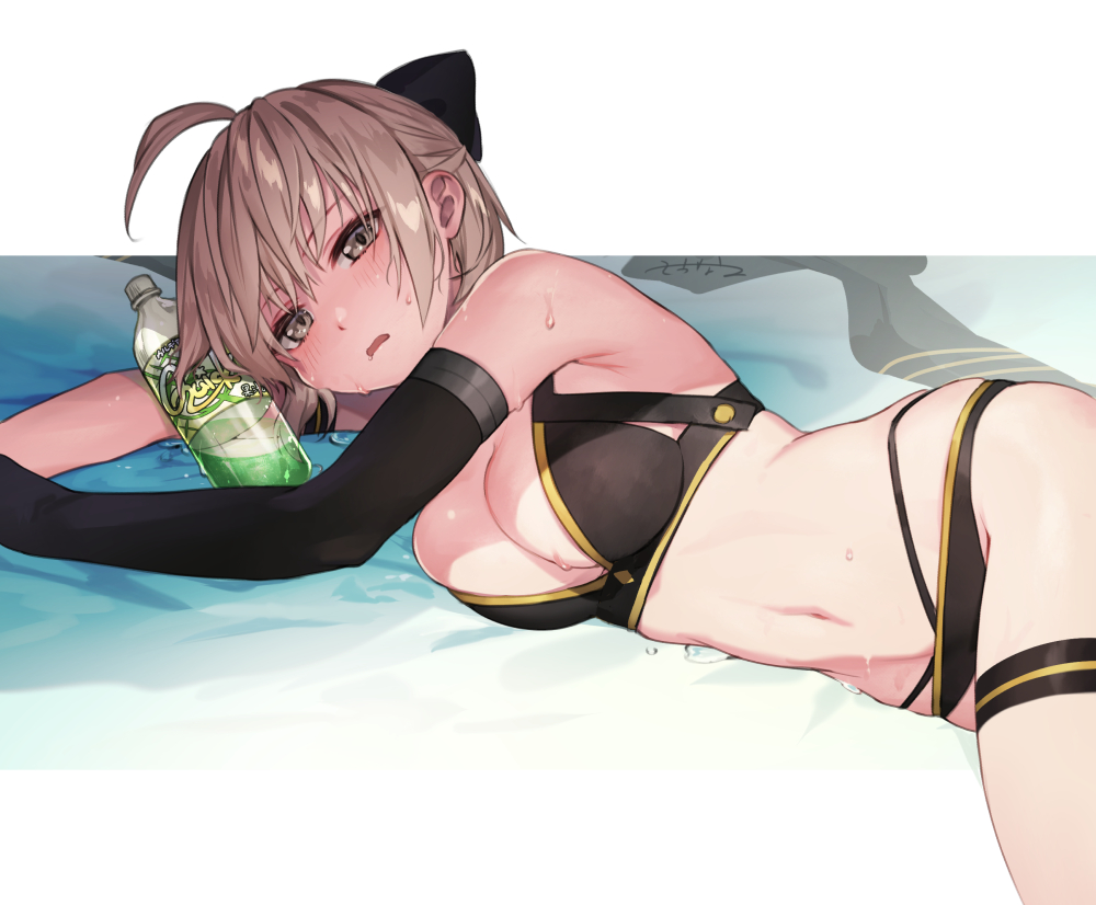 1girl ahoge bikini black_bikini bottle bow breasts commentary_request elbow_gloves fate/grand_order fate_(series) gloves hair_bow lying medium_breasts navel okita_souji_(fate)_(all) okita_souji_(swimsuit_assassin)_(fate) on_side sakanahen scarf scarf_removed single_elbow_glove swimsuit thigh_strap water wet