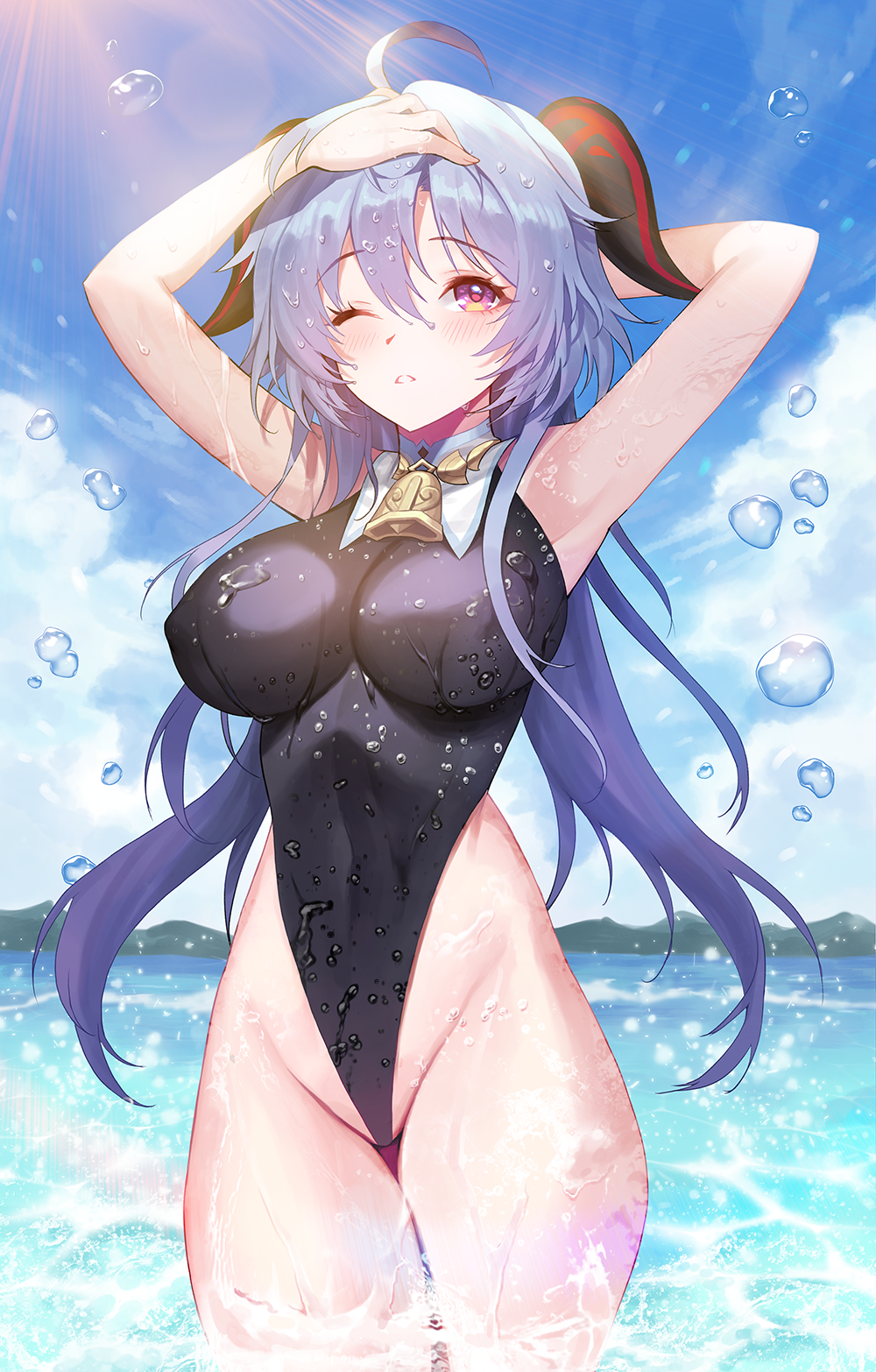 1girl ahoge armpits arms_up bare_arms bare_shoulders bell black_swimsuit blue_hair breasts covered_nipples cowbell day detached_collar ganyu_(genshin_impact) genshin_impact goat_horns groin highleg highleg_swimsuit highres horns impossible_clothes impossible_swimsuit kyundoo large_breasts light_rays long_hair looking_at_viewer ocean one-piece_swimsuit one_eye_closed outdoors parted_lips purple_eyes solo sunbeam sunlight swimsuit thighs very_long_hair wading wet