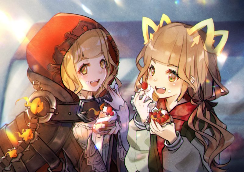 1girl animal_ears bangs blonde_hair blunt_bangs blush cake cloak dual_persona eating fang food fruit hair_ribbon hood hood_up icing jacket kyashii_(a3yu9mi) little_red_riding_hood_(sinoalice) long_sleeves looking_at_another low_twintails open_mouth orange_eyes ribbon sinoalice solo strawberry twintails wavy_hair