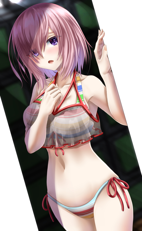 1girl bangs bare_shoulders bikini blush breasts cleavage collarbone fate/grand_order fate_(series) hair_over_one_eye large_breasts light_purple_hair looking_at_viewer mash_kyrielight multicolored multicolored_bikini multicolored_clothes navel open_mouth purple_eyes rainbow_bikini sheer_clothes short_hair solo striped striped_bikini swimsuit swimsuit_of_perpetual_summer_ver.02 thighs totororo