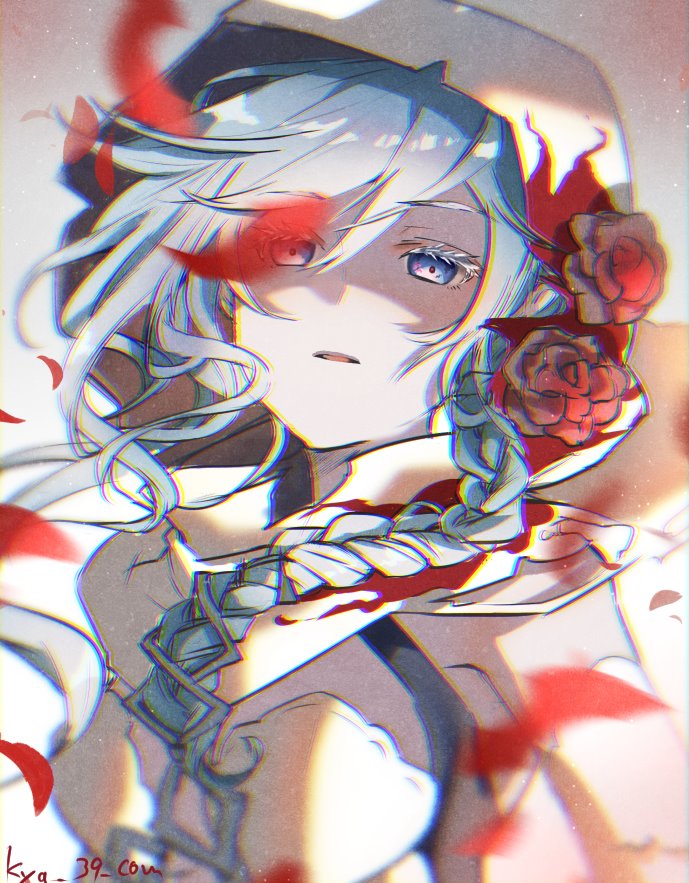 1girl blood bloody_clothes braid breasts cleavage eyebrows_visible_through_hair grey_eyes hair_ornament hood hood_up kyashii_(a3yu9mi) looking_at_viewer open_mouth petals sad sidelocks signature silver_hair sinoalice snow_white_(sinoalice) solo torn_hoodie