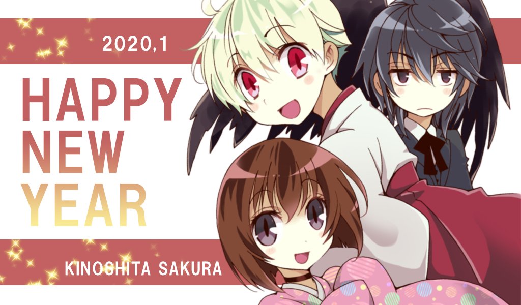 1girl 2boys albino artist_name black_eyes black_hair black_wings blush_stickers bob_cut brown_hair choker feathered_wings formal hakama happy_new_year haruka_(tactics) ichinomiya_kantarou japanese_clothes kimono kinoshita_sakura long_sleeves looking_at_viewer multiple_boys new_year open_mouth pink_kimono purple_eyes red_eyes red_hakama short_hair smile suit tactics tengu wide_sleeves wings youkai youko_(tactics)