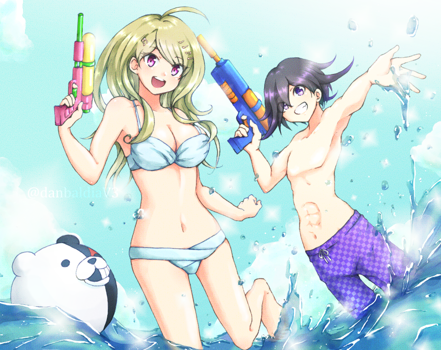 1boy 1girl :d ahoge akamatsu_kaede ball bangs barefoot beachball bikini blonde_hair breasts checkered cleavage commentary_request dan_(danbaldiav3) danganronpa_(series) danganronpa_s:_ultimate_summer_camp danganronpa_v3:_killing_harmony foreshortening hair_ornament hand_up hands_up happy holding long_hair male_swimwear monokuma musical_note_hair_ornament navel official_alternate_costume open_mouth ouma_kokichi purple_eyes short_hair smile swimsuit twitter_username wading water water_gun white_bikini