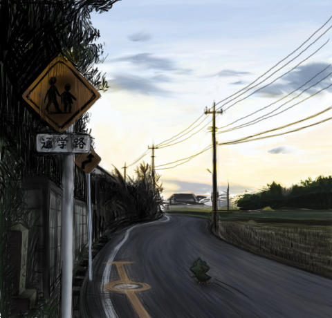 cloud commentary_request dusk field forest gen_1_pokemon hidamari_sketch landscape lowres metapod nature power_lines road road_sign roku_no_ji scenery sign street sunset translation_request tree twilight ume-sensei utility_pole