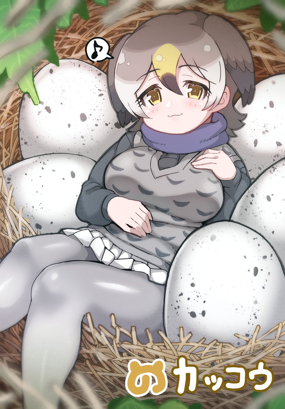 :3 bird_girl bird_wings blonde_hair blush brown_hair commentary_request common_cuckoo_(kemono_friends) egg eyebrows_visible_through_hair grey_hair grey_sweater grey_vest hair_between_eyes head_wings highres kemono_friends long_sleeves looking_at_viewer musical_note nest pleated_skirt print_vest purple_neckwear scarf short_hair skirt spoken_musical_note sweater tanaka_kusao translated vest white_skirt wings yellow_eyes