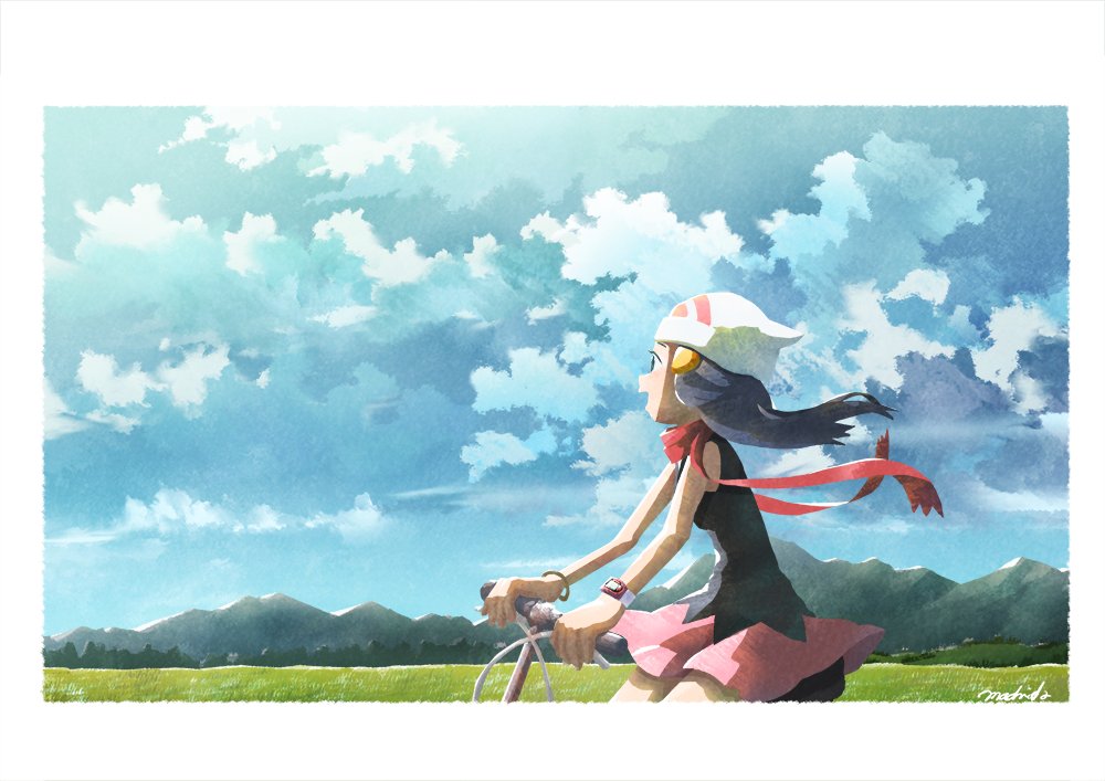 1girl beanie black_hair border bracelet cloud commentary_request dawn_(pokemon) day floating_hair floating_scarf from_side grass hair_ornament hairclip hat holding jewelry long_hair looking_to_the_side machida_(m_chotto) mountainous_horizon outdoors pokemon pokemon_(game) pokemon_dppt red_scarf riding_bicycle scarf signature sky sleeveless solo white_border white_headwear