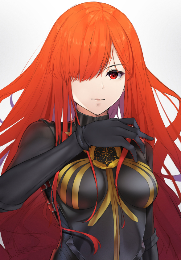 1girl black_bodysuit black_gloves bodysuit breasts fate/grand_order fate_(series) gloves hair_over_one_eye long_hair looking_at_viewer mari_(doraerin0) medium_breasts oda_nobunaga_(fate)_(all) oda_nobunaga_(maou_avenger)_(fate) oda_uri red_hair simple_background solo upper_body white_background