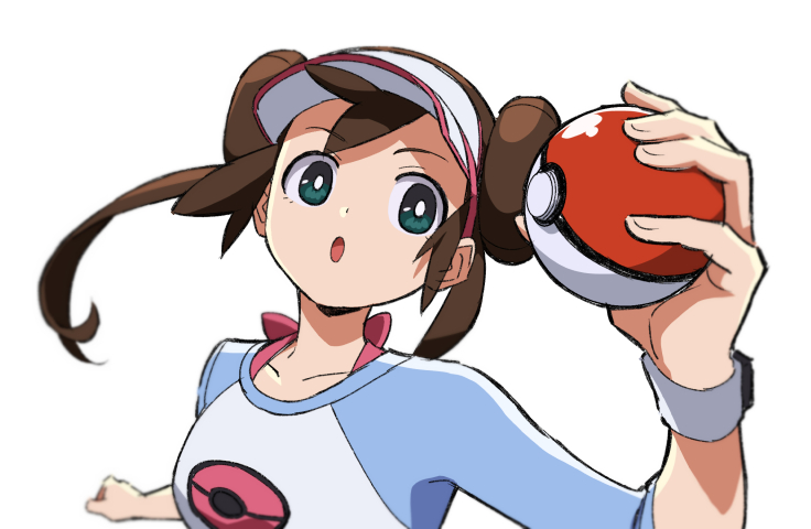 1girl :o bangs blurry bow bright_pupils brown_hair collarbone double_bun floating_hair green_eyes hand_up holding holding_poke_ball long_hair looking_to_the_side open_mouth pink_bow poke_ball poke_ball_(basic) pokemon pokemon_(game) pokemon_bw2 raglan_sleeves rosa_(pokemon) shirt simple_background solo tongue twintails visor_cap white_background white_pupils yoko.u