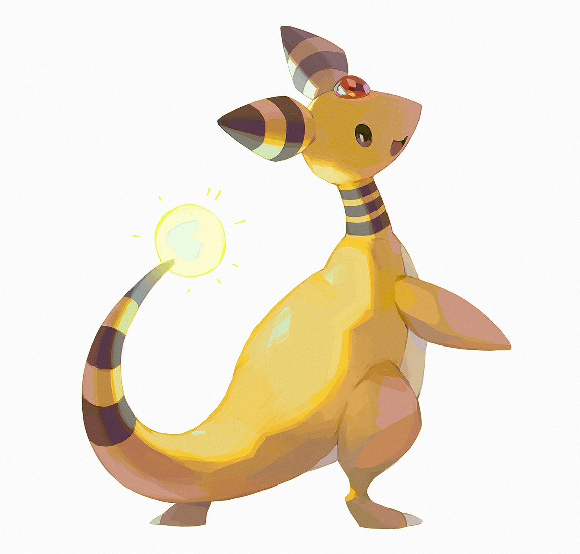 :d ampharos bluekomadori brown_eyes commentary english_commentary full_body gen_2_pokemon glowing legs_apart looking_back no_humans open_mouth pokemon pokemon_(creature) simple_background smile solo standing tongue white_background