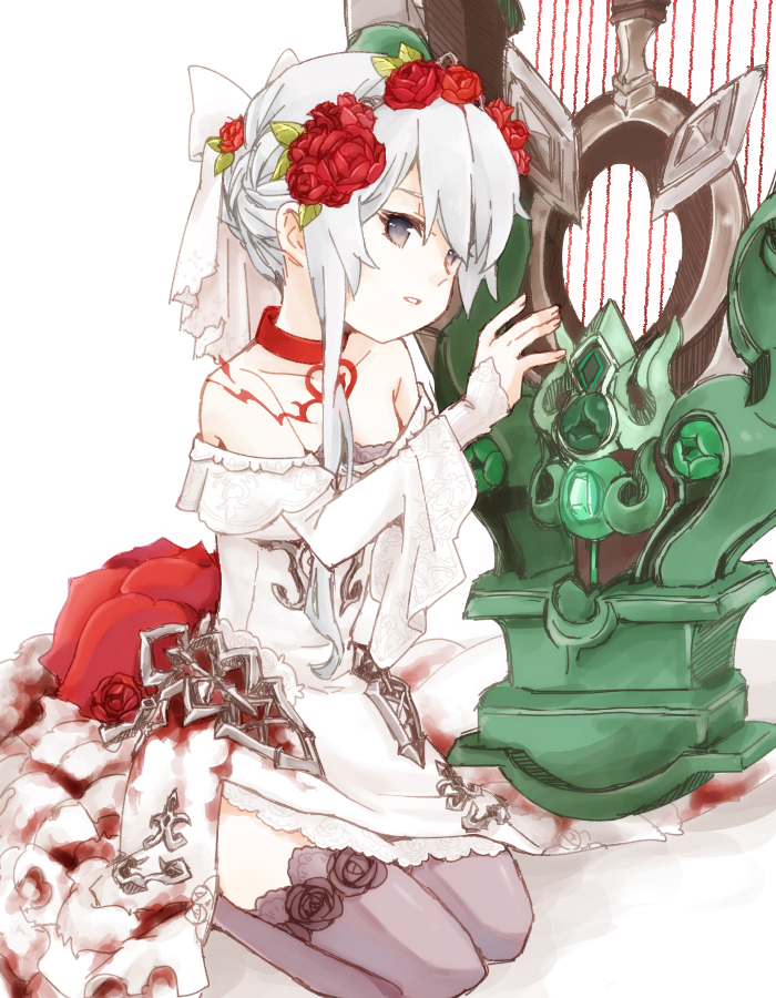 1girl armor armored_dress blood bloody_clothes bow choker dress flower grey_eyes grey_legwear hair_bow hair_bun harp instrument ishikoro1645 kneeling looking_at_viewer off_shoulder parted_lips red_flower red_rose rose sidelocks sinoalice snow_white_(sinoalice) solo thighhighs white_dress zettai_ryouiki