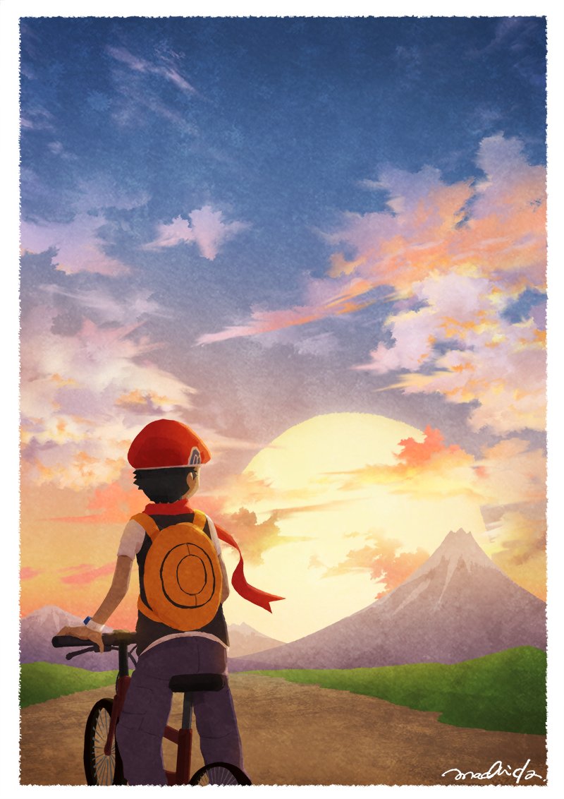 1boy backpack bag bicycle border cloud commentary_request from_behind grass ground_vehicle hat holding lucas_(pokemon) machida_(m_chotto) male_focus mountain outdoors pants path pokemon pokemon_(game) pokemon_dppt red_headwear red_scarf riding_bicycle scarf short_sleeves signature sitting sky solo sunset white_border yellow_bag