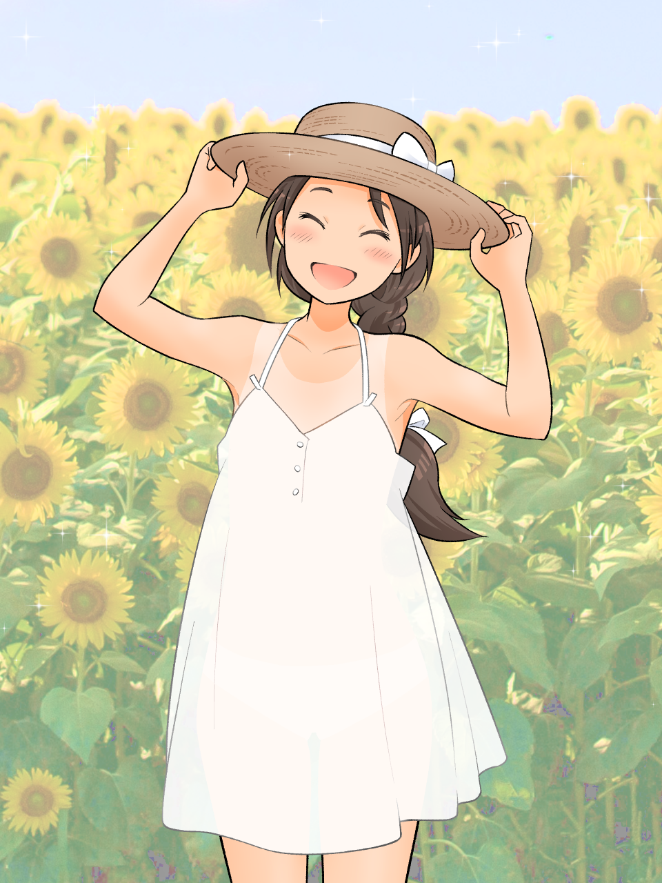 1girl :d adjusting_clothes adjusting_headwear afunai armpits bow braid brown_hair closed cowboy_shot dress field flower flower_field hair_bow hat hat_bow head_tilt highres long_hair open_mouth original see-through_silhouette silhouette single_braid smile solo standing straw_hat sun_hat sundress sunflower tan tanlines white_bow white_dress