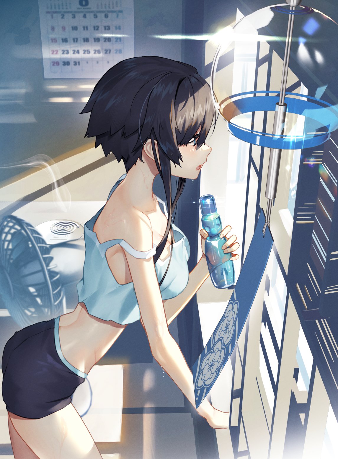 1girl arched_back ass bare_arms bare_shoulders black_hair black_shorts blue_eyes bottle breasts camisole cowboy_shot crop_top crop_top_overhang electric_fan from_side highres holding hot indoors leaning_forward medium_breasts midriff open_mouth original profile ramune shirt short_hair_with_long_locks short_shorts shorts sleeveless sleeveless_shirt solo standing strap_slip sukocchi summer sunlight sweat water_bottle white_shirt wind_chime