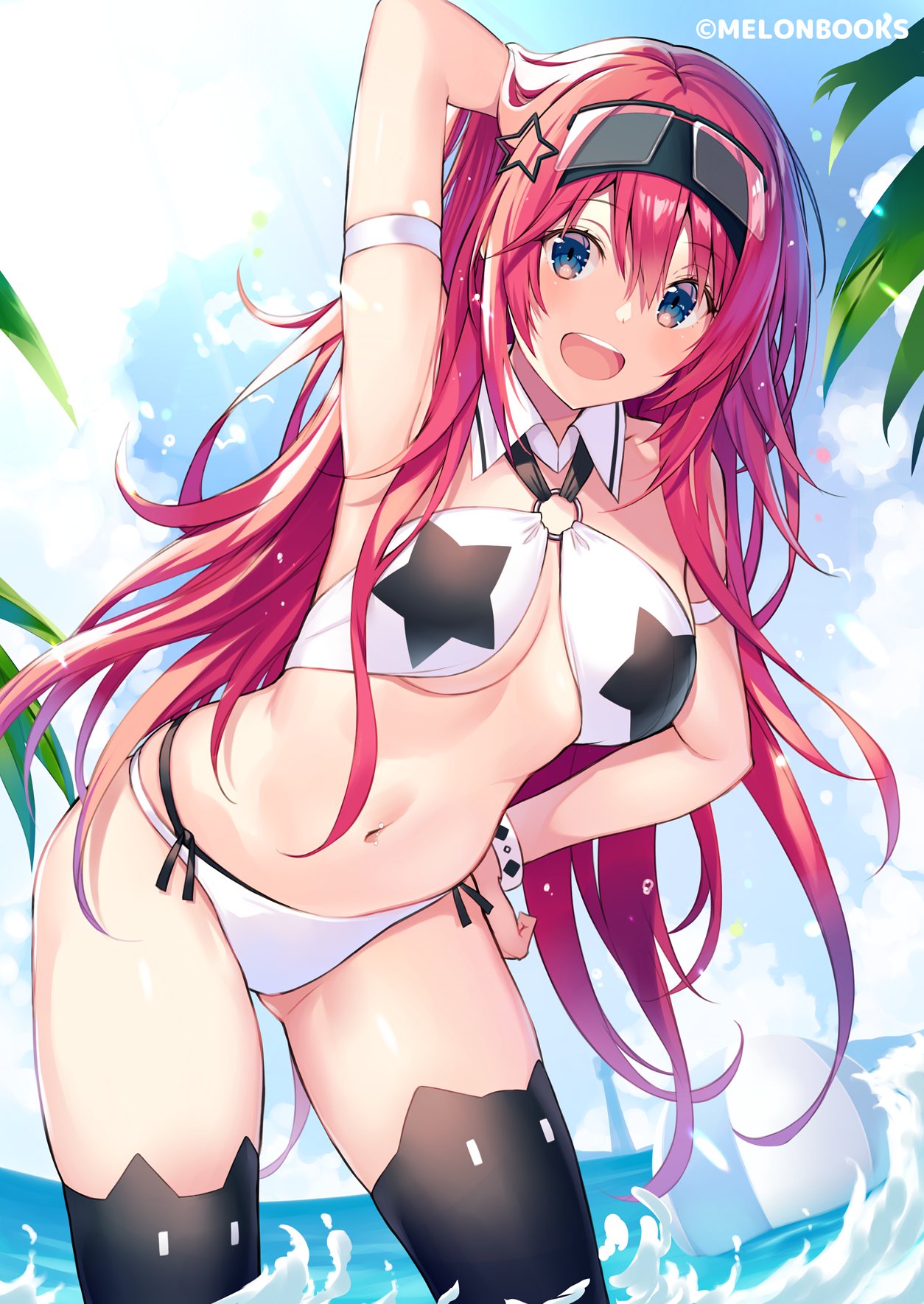 1girl :d arm_behind_head arm_strap arm_up armpits bare_shoulders bikini black_legwear blue_eyes bracelet breasts contrapposto day detached_collar goggles goggles_on_head hair_between_eyes hairband halter_top halterneck hand_on_hip highres jewelry kurebayashi_noe layered_bikini leaning_forward long_hair looking_at_viewer medium_breasts navel o-ring o-ring_bikini open_mouth original outdoors red_hair side-tie_bikini smile solo standing stomach swimsuit thighhighs thighs very_long_hair wading water white_bikini wing_collar