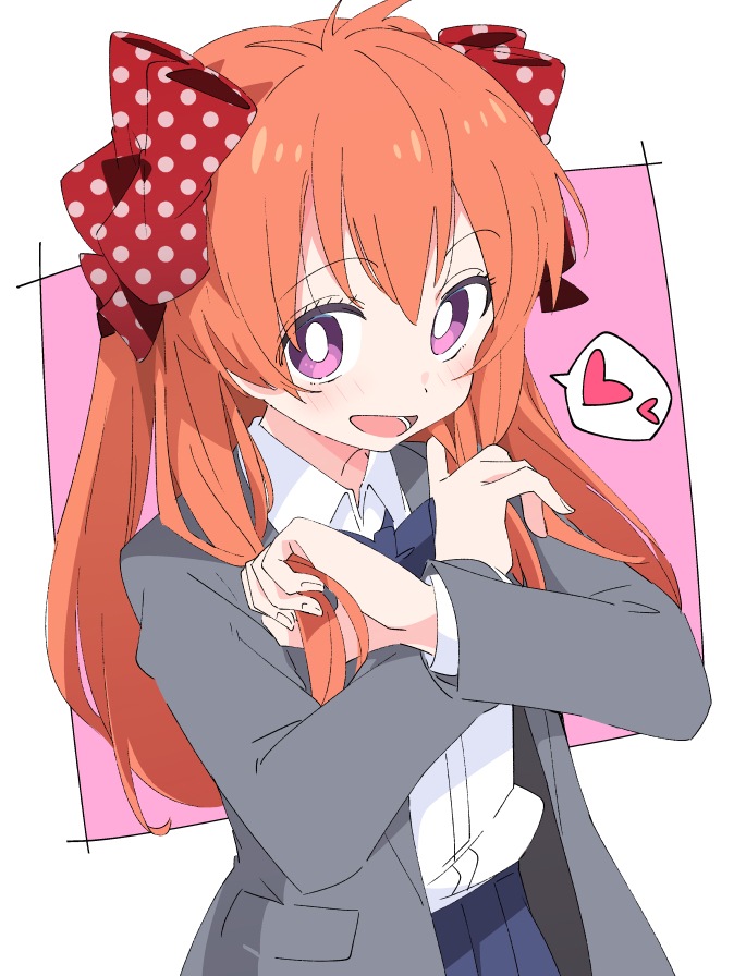 1girl bangs blue_neckwear blue_skirt blush bow bowtie collared_shirt commentary cowboy_shot crossed_arms eyebrows_visible_through_hair gekkan_shoujo_nozaki-kun grey_jacket hair_bow hands_up heart holding holding_hair ixy jacket long_hair long_sleeves open_mouth orange_hair pink_background pleated_skirt polka_dot polka_dot_bow purple_eyes rouman_academy_uniform sakura_chiyo school_uniform shirt skirt smile solo spoken_heart standing two-tone_background white_background white_shirt