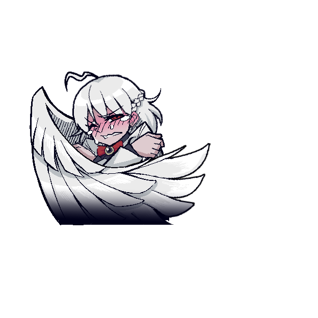 1girl ahoge blush bow braid crossed_arms crying helltaker jewelry kishin_sagume one_eye_closed pendant red_eyes short_hair silver_hair single_wing solo touhou warugaki_(sk-ii) wings