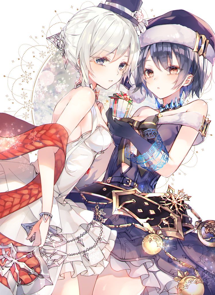 2girls alice_(sinoalice) belt black_gloves black_hair blue_eyes bow bracelet buckle chain choker christmas closed_mouth dress fur_trim gift gloves grey_eyes hair_ornament hat holding holding_gift jewelry looking_at_viewer mcmcmococo multiple_girls open_mouth ornament parted_lips petticoat red_eyes santa_hat shawl short_hair simple_background sinoalice snow_white_(sinoalice) white_hair