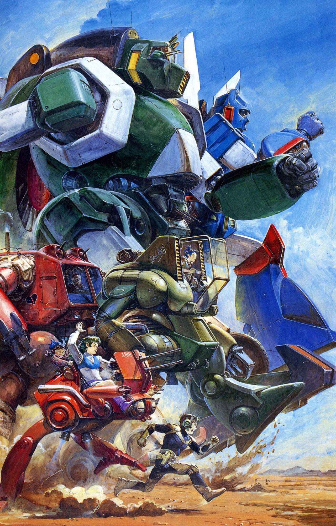 1980s_(style) 2boys 3girls blue_hair bodysuit brown_hair chill claws clenched_hands clenched_teeth cloud cloudy_sky damaged desert dirty dust elchi_cargo goggles graffiti gun headgear highres hover_vehicle jiron_amos machine_gun machinery mecha mechanical_arms multiple_boys multiple_girls official_art pipe ponytail production_art promotional_art racing radio_antenna rag_uralo realistic retro_artstyle rock running scan science_fiction sentou_mecha_xabungle sky smoke takani_yoshiyuki teeth thrusters traditional_media turret walker walker_gallia weapon xabungle_(mecha)