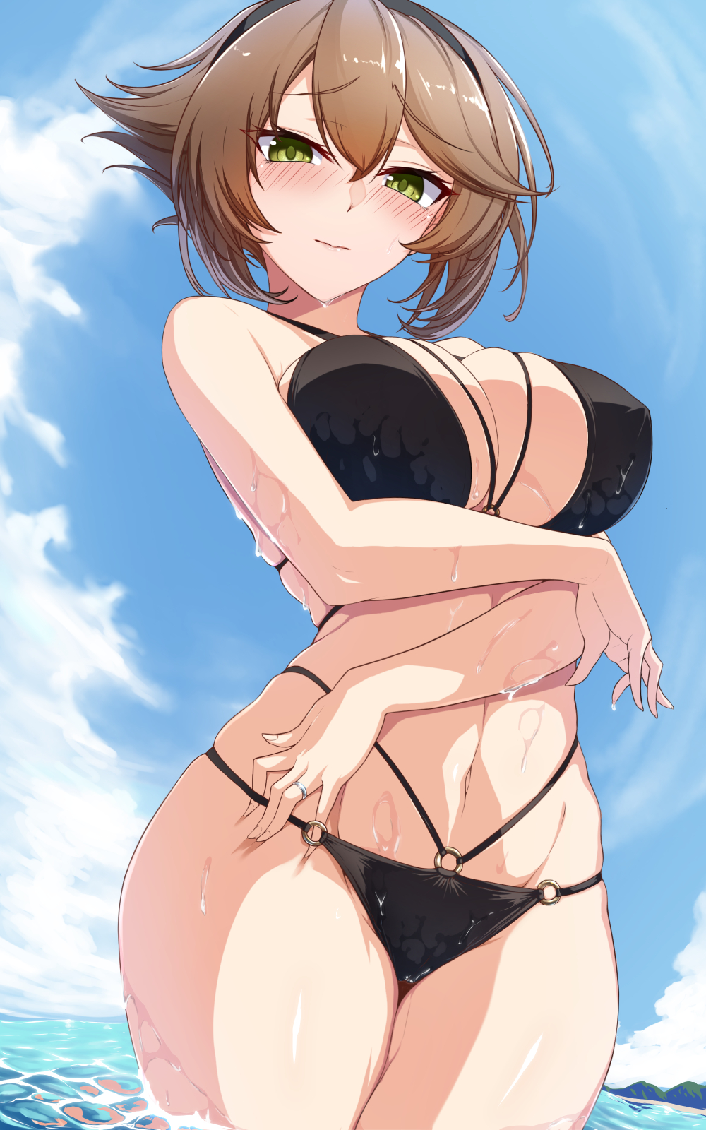 1girl alternate_costume arm_under_breasts bangs bikini blue_sky blush breasts brown_hair cloud commentary_request day eyebrows_visible_through_hair flipped_hair green_eyes highres jewelry kantai_collection large_breasts looking_at_viewer multi-strapped_bikini mutsu_(kancolle) navel ocean outdoors ring short_hair simple_background skindentation sky solo standing swimsuit utsumi_karmin wading water wedding_band wet