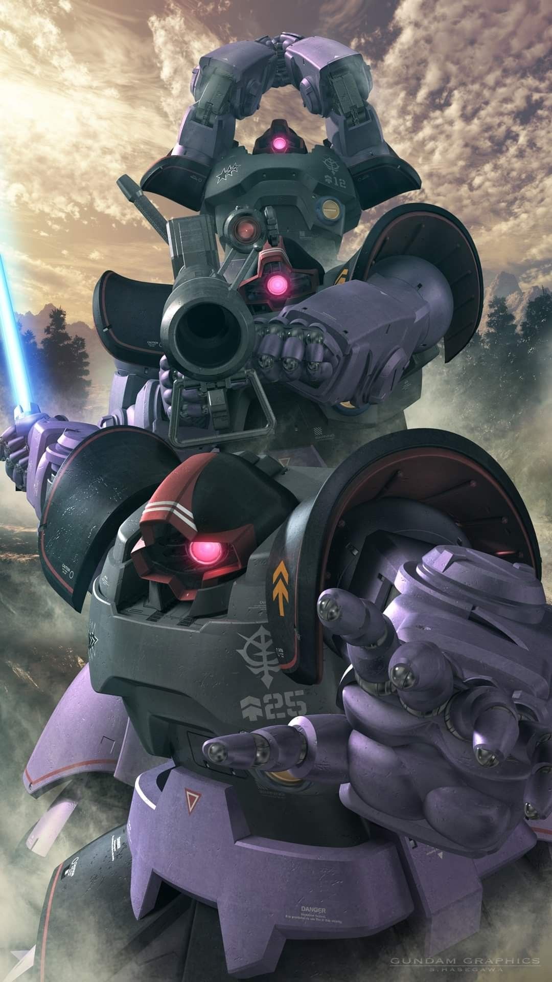 3d aiming_at_viewer battle bazooka_(gundam) beam_saber black_tri-stars clenched_hands cloud cloudy_sky cyclops dom duplicate dust glowing glowing_eye gun gundam hands_together highres holding holding_gun holding_sword holding_weapon jet_stream_attack machinery mecha mobile_suit mobile_suit_gundam no_humans one-eyed open_hand pink_eyes realistic roundel s.hasegawa science_fiction sky sword tree weapon zeon
