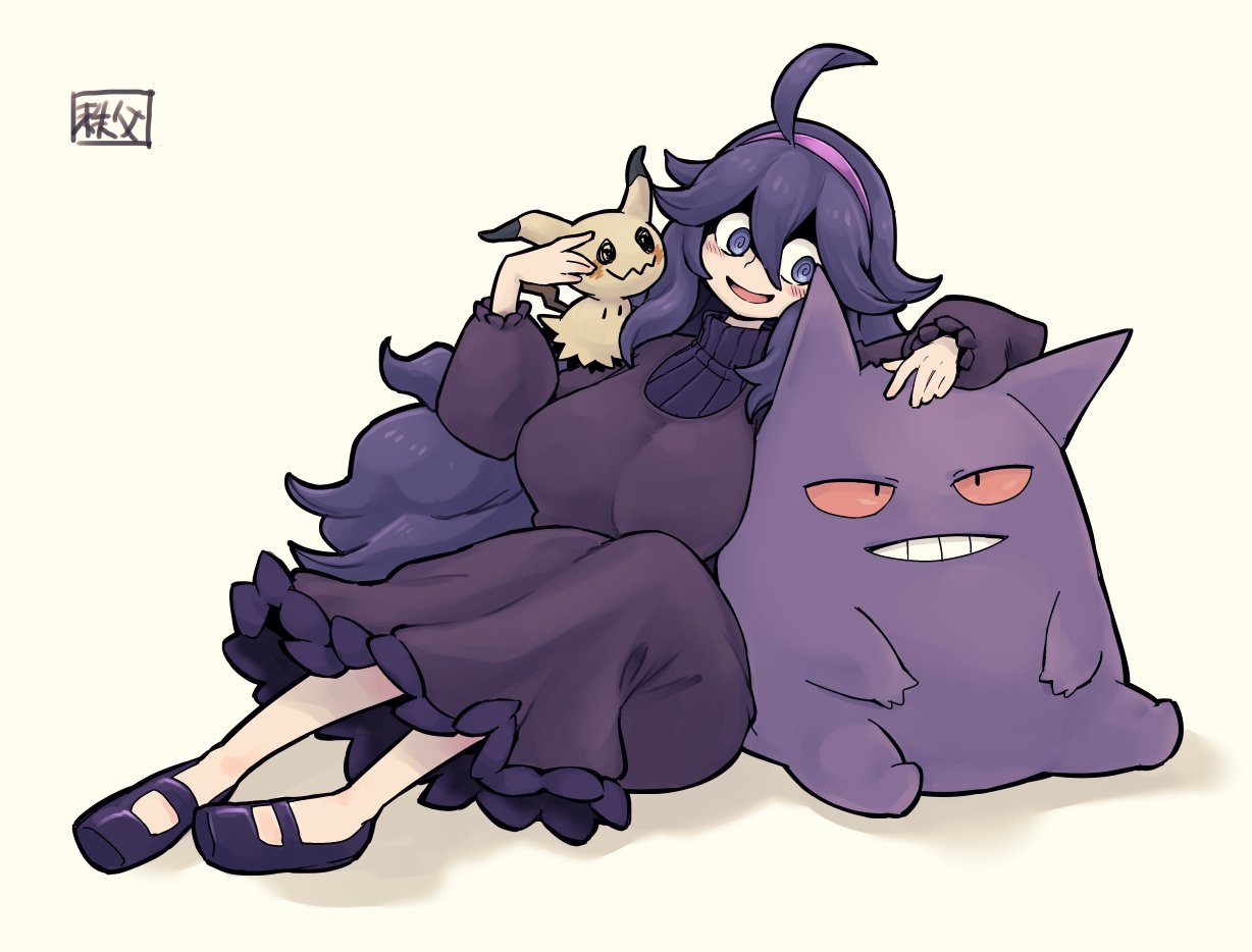 1girl :d @_@ ahoge bangs blush breasts chichibu_(chichichibu) commentary_request dress gen_1_pokemon gen_7_pokemon gengar hair_between_eyes hairband hex_maniac_(pokemon) long_dress long_hair messy_hair mimikyu npc_trainer on_shoulder open_mouth pokemon pokemon_(creature) pokemon_(game) pokemon_on_shoulder pokemon_xy purple_eyes purple_footwear purple_hair purple_hairband shoes sitting smile tongue