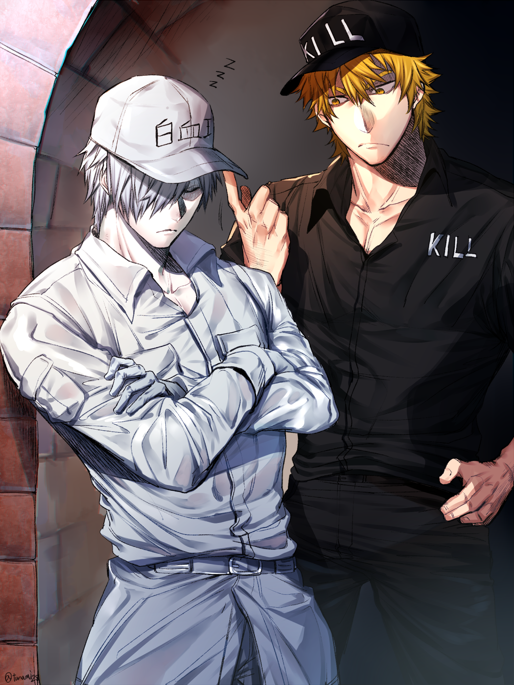 2boys baseball_cap black_shirt blonde_hair colored_skin crossed_arms hair_over_one_eye hat hataraku_saibou highres killer_t_(hataraku_saibou) looking_at_another male_cleavage male_focus military military_uniform multiple_boys partially_unbuttoned pectorals pout shirt short_hair short_sleeves silver_hair standing toned toned_male tsunami_(sorudora) u-1146 uniform white_blood_cell_(hataraku_saibou) white_skin