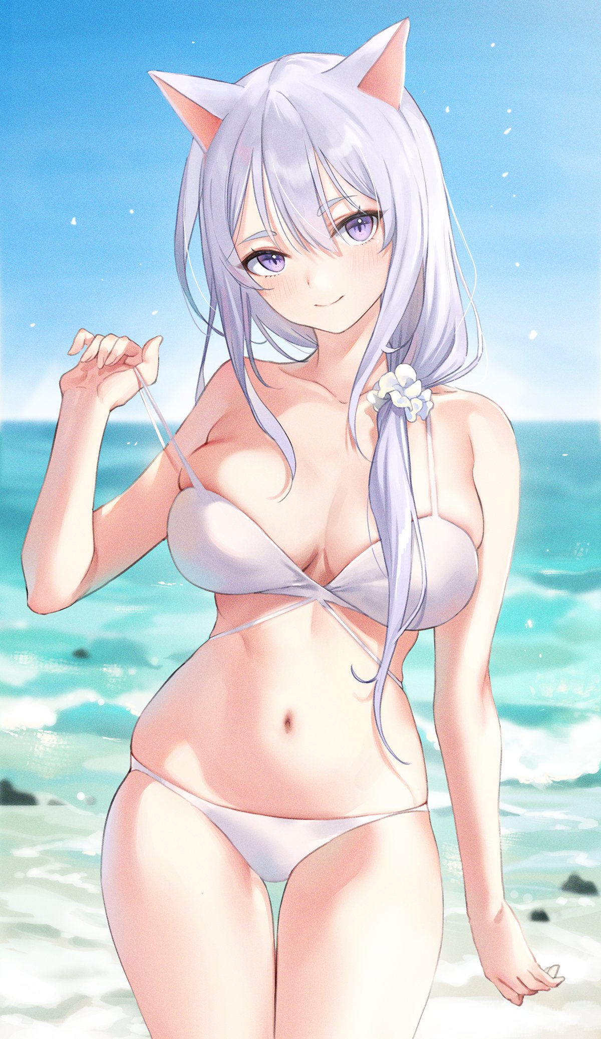 1girl animal_ears bare_arms bare_shoulders beach bikini breasts cat_ears cleavage collarbone cowboy_shot hair_ornament hair_over_shoulder hair_scrunchie hand_up highres large_breasts long_hair looking_at_viewer navel original outdoors purple_eyes scrunchie skindentation smile solo standing stomach strap_pull string_bikini sunlight swimsuit thigh_gap thighs white_bikini white_hair yumaomi
