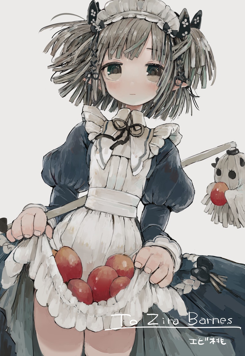 1girl apron apron_lift black_dress blush bow closed_mouth cowboy_shot dress ebimomo fingernails food_request grey_eyes grey_hair hair_bow juliet_sleeves long_sleeves looking_at_viewer maid maid_headdress medium_hair mop pointy_ears puffy_sleeves ringed_eyes simple_background smile solo standing twintails white_apron white_background