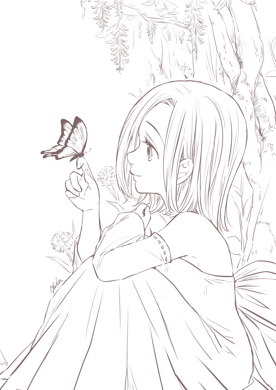 1girl against_tree bug butterfly butterfly_on_hand closed_mouth detached_sleeves dress elaine from_side greyscale harumiya highres insect long_dress long_sleeves medium_hair monochrome nanatsu_no_taizai profile ribbon-trimmed_sleeves ribbon_trim sitting sketch sleeveless sleeveless_dress smile solo strapless strapless_dress tree