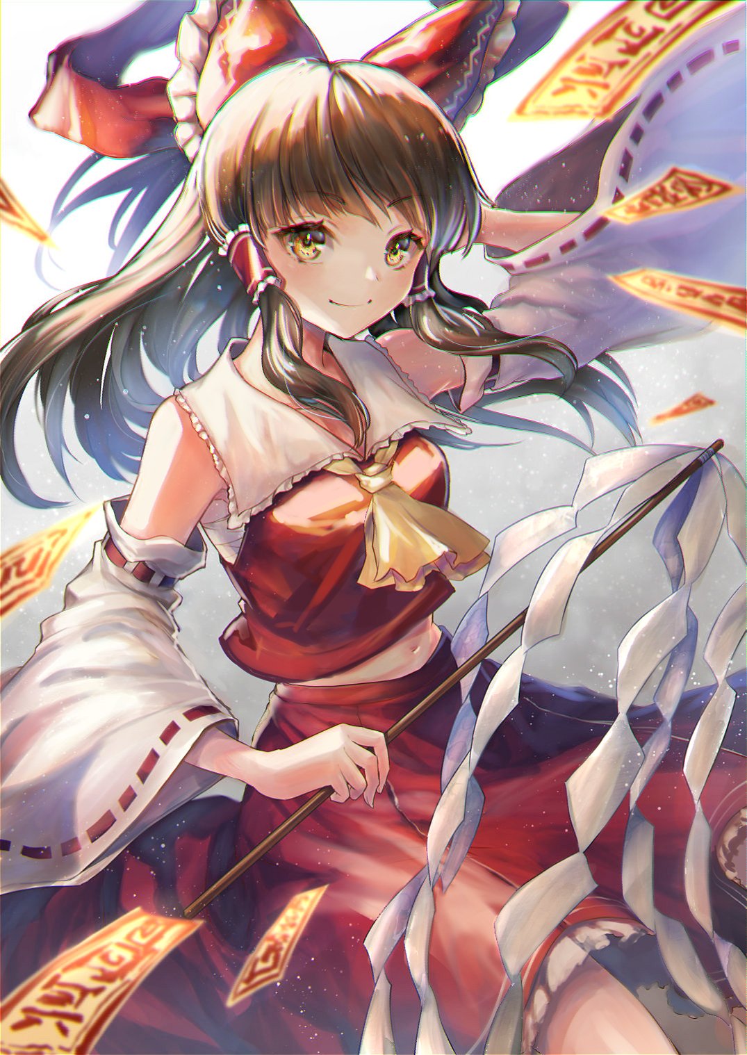1girl amulet arm_up bangs bare_shoulders bow breasts brown_hair closed_mouth collar detached_sleeves eyebrows_visible_through_hair gohei gradient gradient_background grey_background hair_tubes hakurei_reimu hand_up highres light long_sleeves looking_at_viewer medium_breasts medium_hair natsume_k red_bow red_shirt red_skirt shadow shirt skirt smile solo touhou white_background white_collar yellow_eyes yellow_neckwear