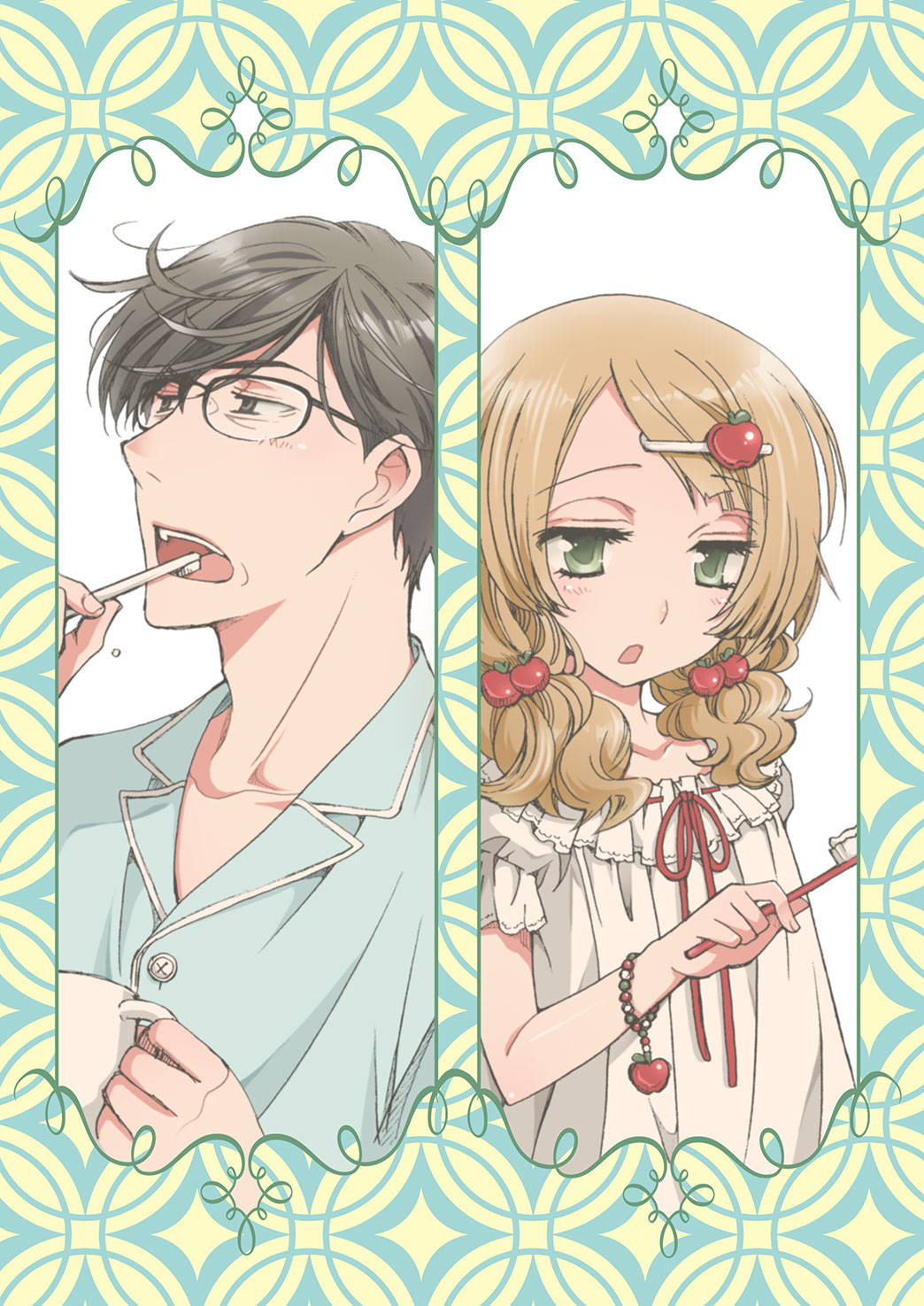 1boy 1girl alternate_costume alternate_hairstyle apple_hair_ornament black_eyes black_hair bracelet brown_hair brushing_teeth child food-themed_hair_ornament glasses green_eyes hair_ornament hairclip highres jewelry karen_(koisuru_ojou-sama_wa_papa_to_yobitakunai) kinoshita_sakura koisuru_ojou-sama_wa_papa_to_yobitakunai long_hair low_twintails official_art open_mouth pajamas toothbrush twintails wavy_hair yashiro_masamune