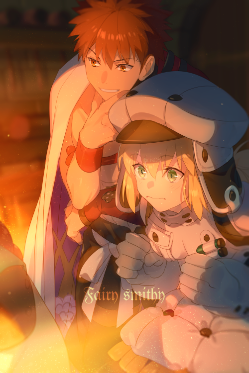1boy 1girl artoria_pendragon_(all) artoria_pendragon_(caster)_(fate) bangs blonde_hair breasts buttons closed_mouth commentary_request echo_(circa) emiya_shirou english_text eyebrows_visible_through_hair fate/grand_order fate_(series) gloves green_eyes grey_gloves grey_headwear hair_between_eyes hand_on_own_face hat indoors japanese_clothes limited/zero_over long_hair orange_eyes orange_hair pocket pointy_hair sengo_muramasa_(fate) short_hair smile teeth twitter_username