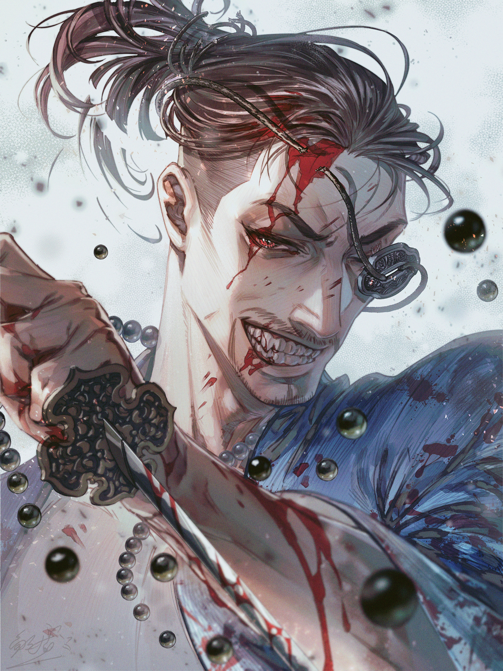 1boy beads blood blood_on_face blood_splatter bloody_weapon blue_jacket eyepatch fangs grin highres jacket japanese_clothes jewelry jiao_mao majima_gorou male_focus mature_male necklace okita_souji_(isshin) one-eyed open_clothes open_jacket orange_eyes ryuu_ga_gotoku ryuu_ga_gotoku_isshin samurai smile smirk tied_hair weapon white_background