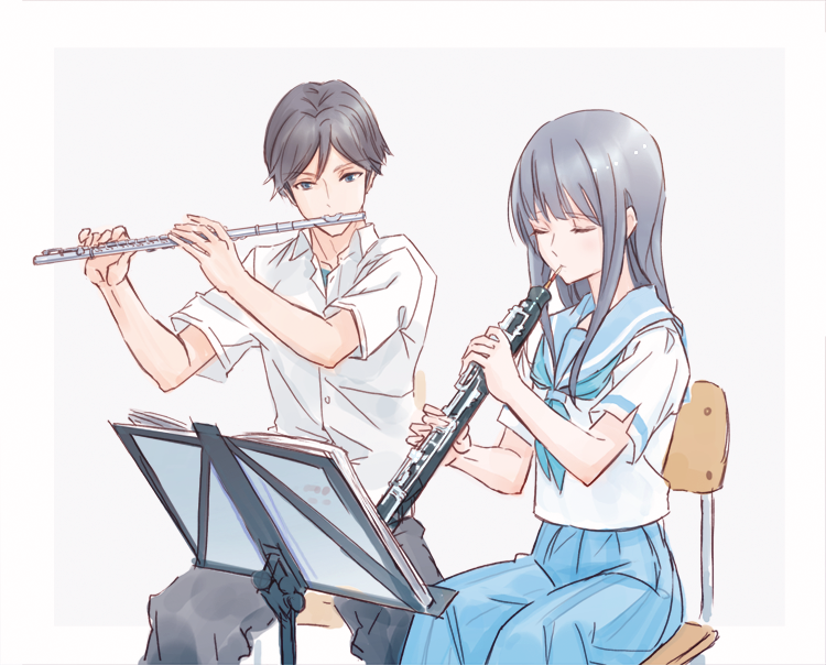 1777_kaki 1boy 1girl bangs black_hair black_pants blue_eyes blue_hair blue_neckwear blue_sailor_collar blue_skirt blush chair closed_eyes collared_shirt flute genderswap hibike!_euphonium holding holding_instrument instrument kasaki_nozomi kitauji_high_school_uniform liz_to_aoi_tori long_hair music music_stand neckerchief oboe pants playing_instrument pleated_skirt sailor_collar school_uniform serafuku shirt short_hair short_sleeves simple_background sitting skirt white_shirt yoroizuka_mizore