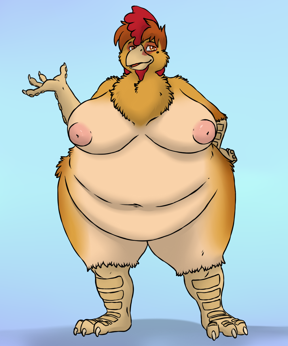 2013 5:6 aggrobadger anthro areola avian avian_caruncle beak beauty_mark belly big_belly big_breasts biped bird bird_feet black_eyebrows blue_background breasts brown_eyes brown_hair chicken claws comb_(anatomy) curvy_figure dewlap_(anatomy) digital_media_(artwork) digitigrade eyebrows female finger_claws francine_(mirandaarqayla) front_view galliform gallus_(genus) hair hand_on_hip head_crest hi_res huge_breasts huge_hips huge_thighs navel nipples non-mammal_breasts nude obese obese_anthro obese_female open_beak open_mouth overweight overweight_anthro overweight_female phasianid pink_areola pink_nipples pink_tongue scuted_arms scutes shaded simple_background solo standing tan_beak tan_claws thick_thighs toe_claws tongue voluptuous wattle wide_hips