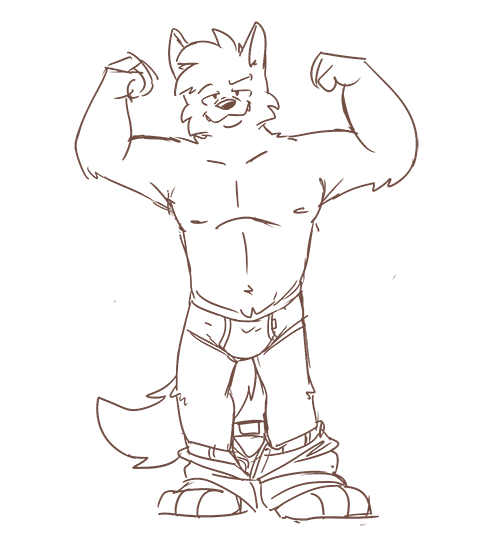 anthro barefoot briefs canid canine canis clothed clothing feet flexing_muscles heyitscousindave male mammal monochrome muscular muscular_male nipples pants_down partially_clothed simple_background sketch smile solo teeth_showing topless underwear white_background wolf