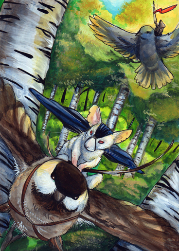 acrylic_(material) air_chase ambiguous_gender anthro avian banner bird black_cloak brown_body brown_feathers brown_fur cadmiumtea chase cloak cloak_only clothing columbid feathers feral flaying forest fur grey_body grey_feathers group mammal melee_weapon mouse mouse_guard murid murine pigeon plant polearm rat red_eyes ridding rodent spear traditional_media_(artwork) tree weapon white_body white_fur